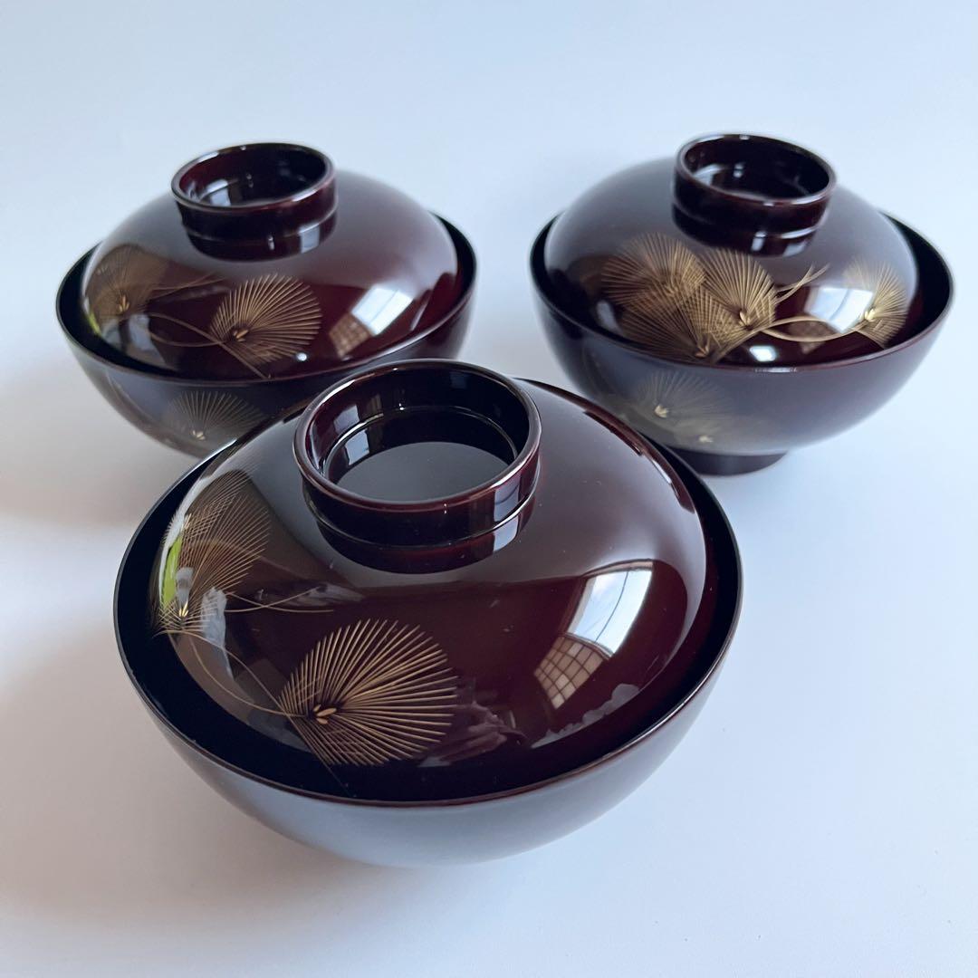 未使用【越前漆器　御吸物椀】×3客　天然木製　漆 共箱　御雑煮椀　飛花吸物椀