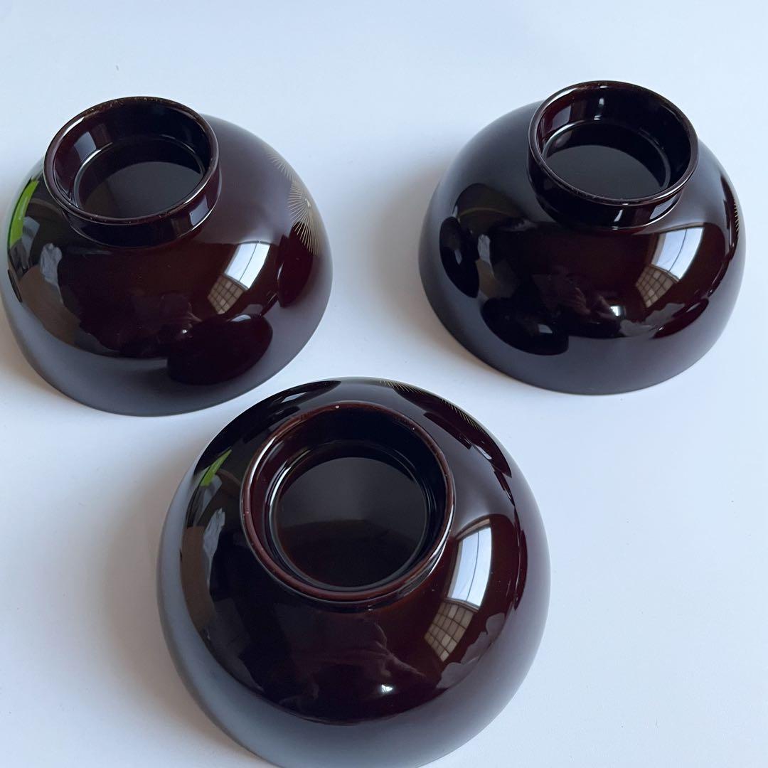 未使用【越前漆器　御吸物椀】×3客　天然木製　漆 共箱　御雑煮椀　飛花吸物椀