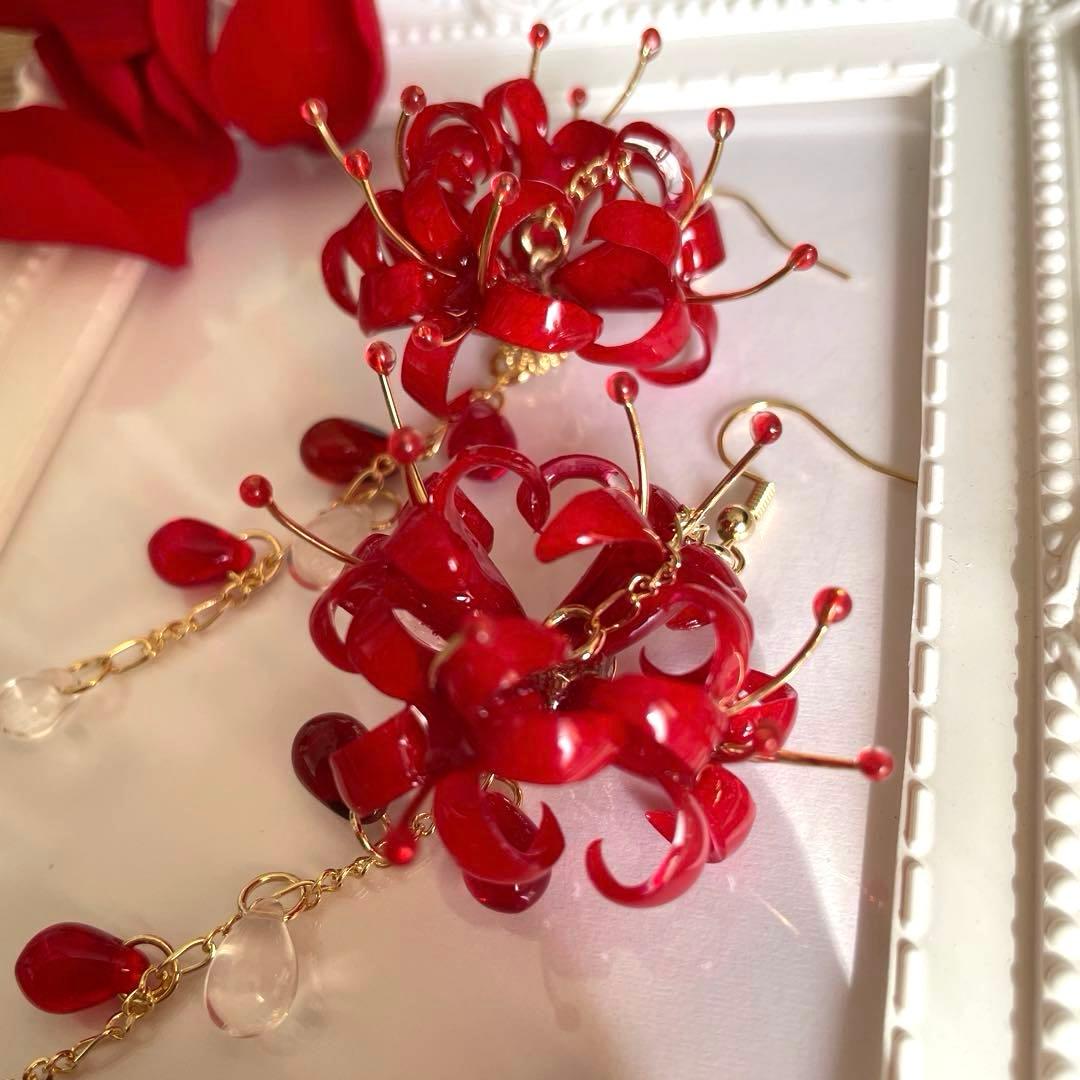 りん5　　イヤリング3点　彼岸花4輪　赤　彼岸花4輪　青　　紫陽花ロング