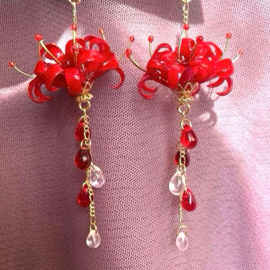 りん5　　イヤリング3点　彼岸花4輪　赤　彼岸花4輪　青　　紫陽花ロング