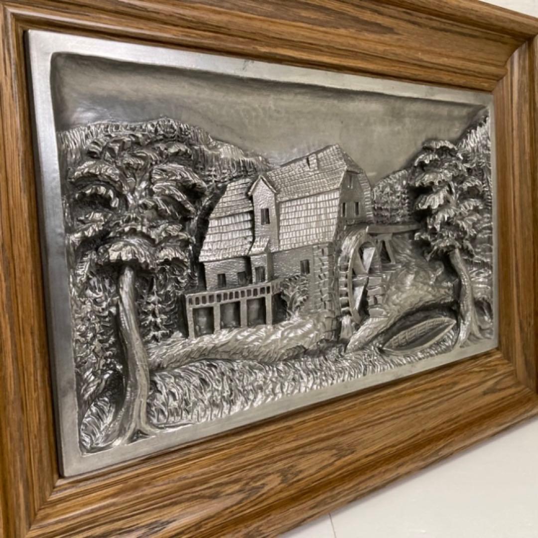 ドイツ 錫 金属 工芸品 彫刻 手作り 額装 レリーフ レトロ ヴィンテージ