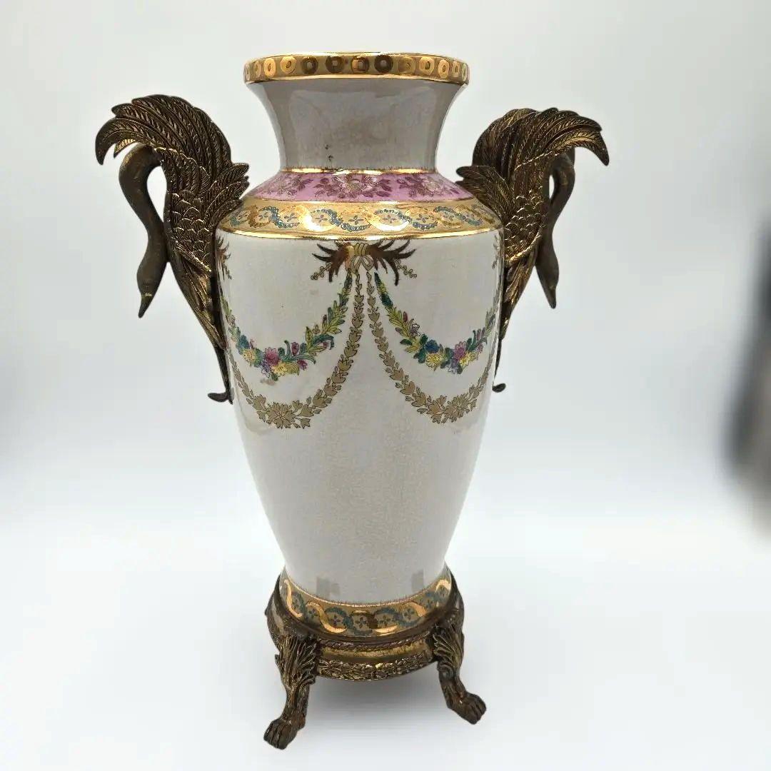 アンティーク 陶器製花瓶 白鳥のハンドル