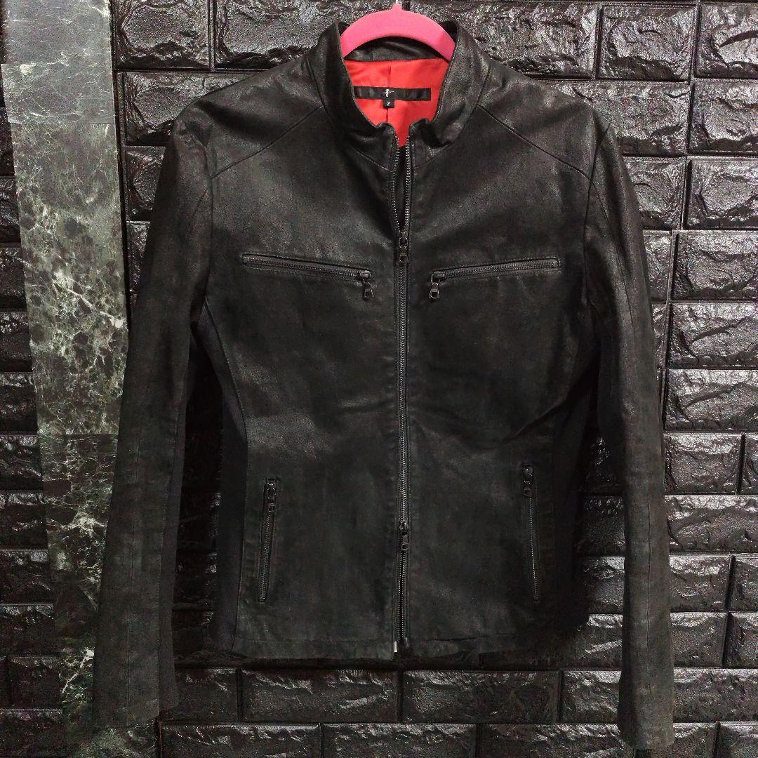 美品　ノーアイディー　黒１色　レザー（豚革）シングルライダースジャケット