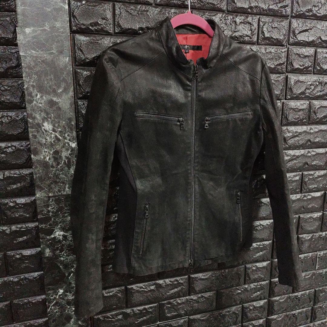 美品　ノーアイディー　黒１色　レザー（豚革）シングルライダースジャケット