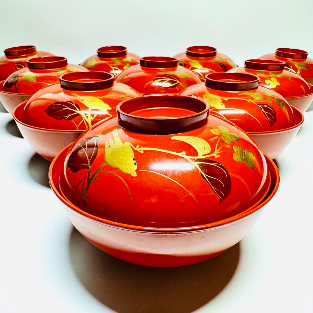 漆器　輪島塗　金蒔絵　鳥花絵　木製　朱　蓋付椀　お煮物椀　吸物椀　10客　骨董品