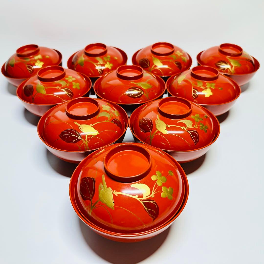 漆器　輪島塗　金蒔絵　鳥花絵　木製　朱　蓋付椀　お煮物椀　吸物椀　10客　骨董品