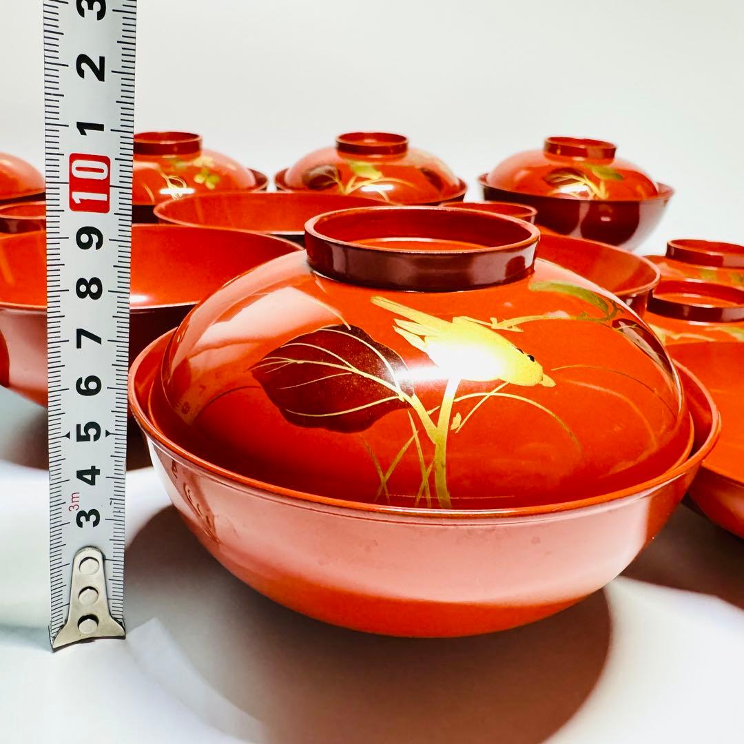 漆器　輪島塗　金蒔絵　鳥花絵　木製　朱　蓋付椀　お煮物椀　吸物椀　10客　骨董品