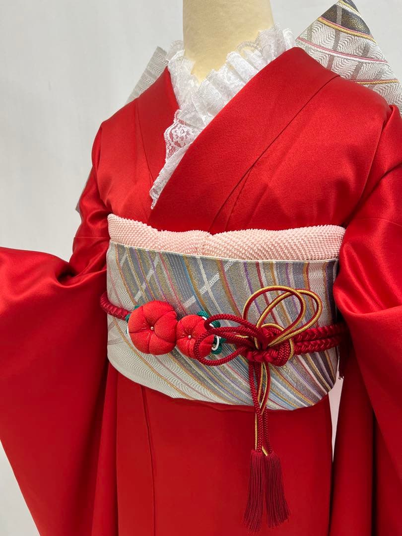 振り袖　フルセット　長襦袢付　赤　黒　ツートーン　成人式　パーティー　665