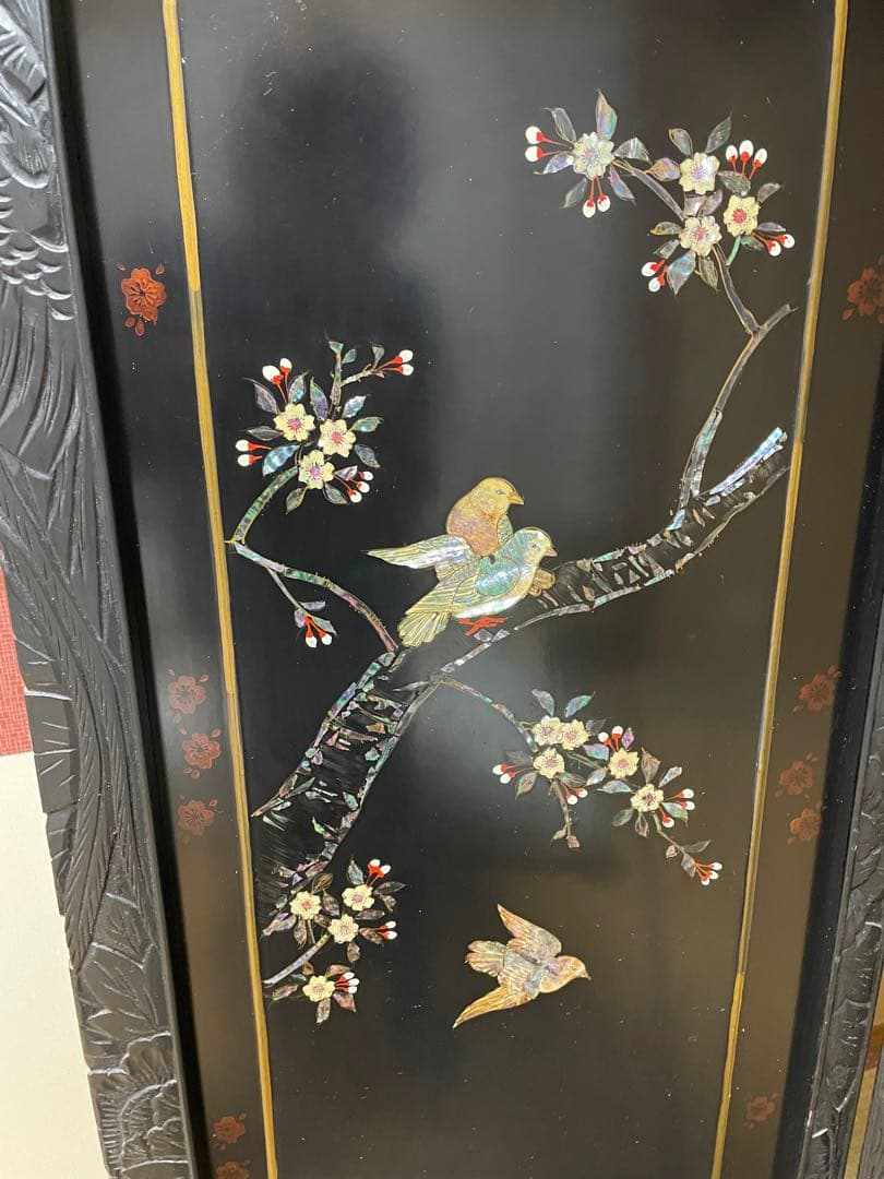 螺鈿細工 四曲屏風 大型 木製 アンティーク 和家具 インテリア