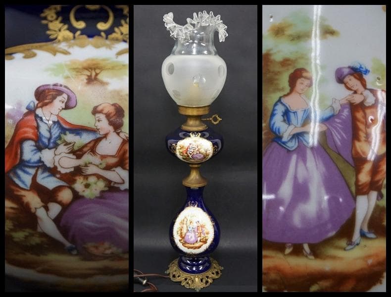 大型ランプ フリルガラスランプ 金彩色絵『貴公子と貴婦人文』洋燈 卓上ランプ