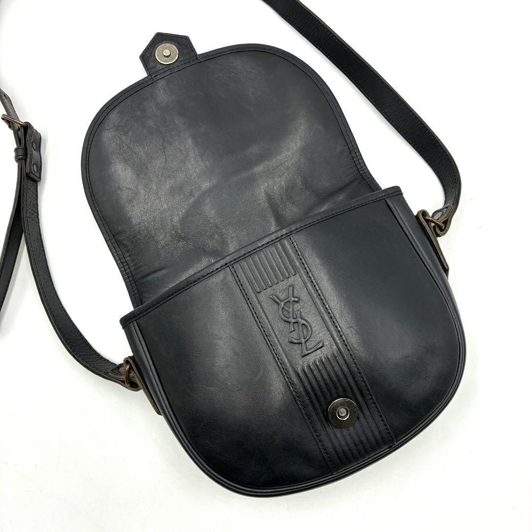 美品 イヴサンローラン ショルダーバッグ 斜め掛け YSLロゴ レザー 濃紺