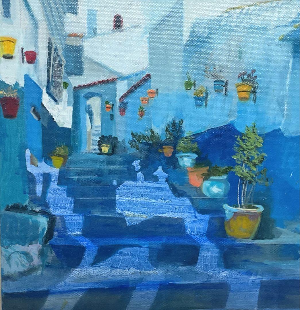 油彩画　「　空色の街　」　3Dキャンパス