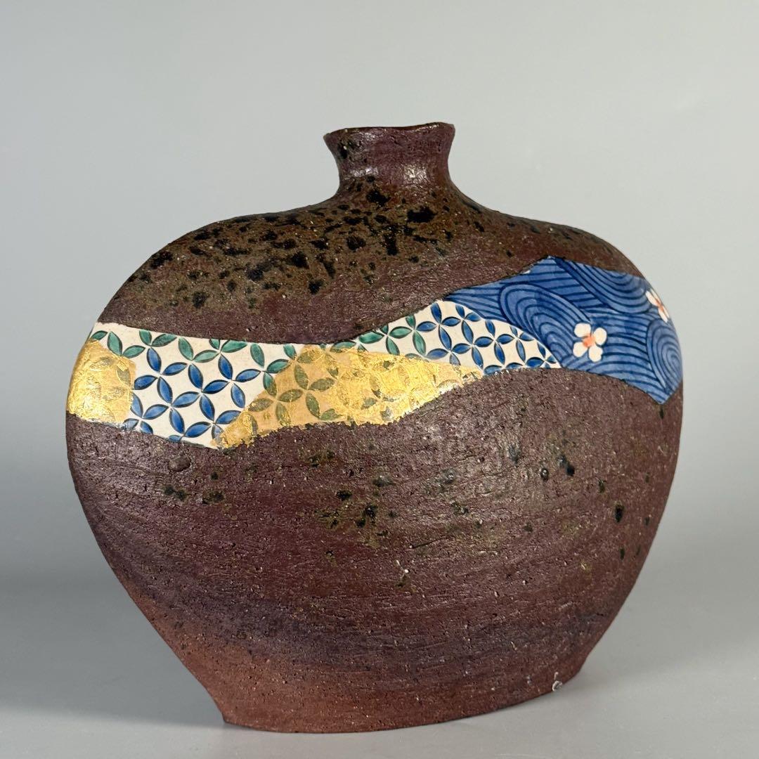 【中村梅山 造】象嵌色絵扁壷 在銘 飾壺 陶芸家 加賀の仁清 花入 花瓶 華道具