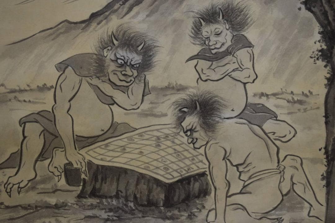 不詳/作者不詳/山水鐘馗に鬼図/将棋図/布袋屋掛軸HI-300