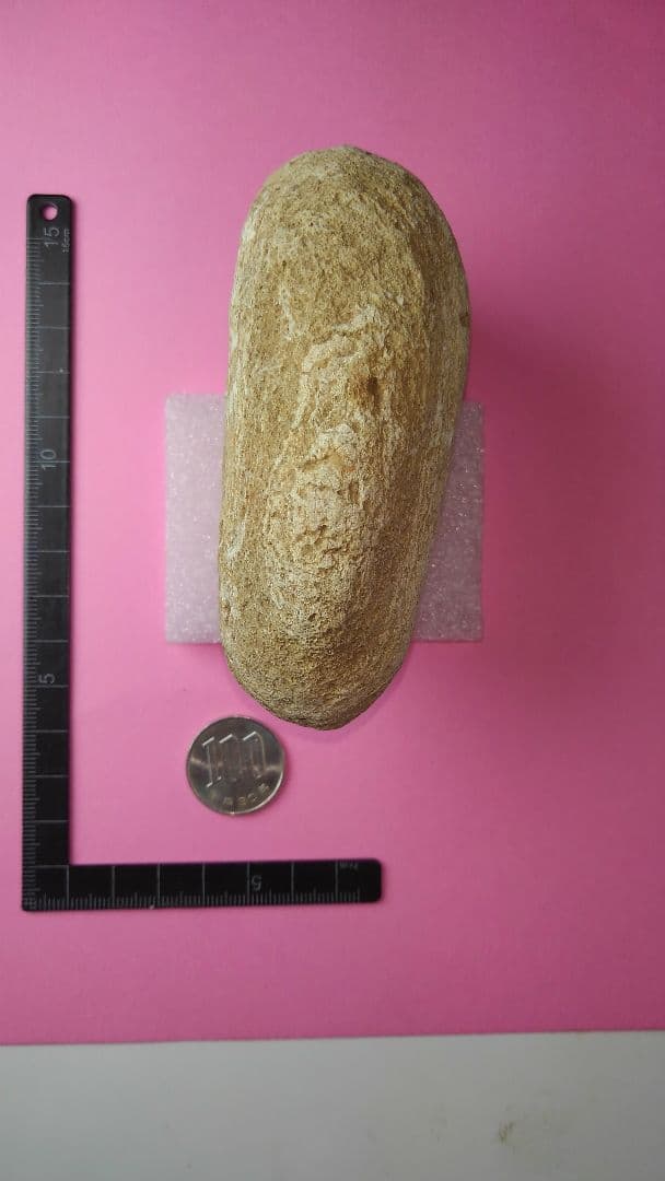 石冠？岩偶？石錘？旧石器時代　(出土品)　約10㎝×7㎝×4㎝　約370gです。