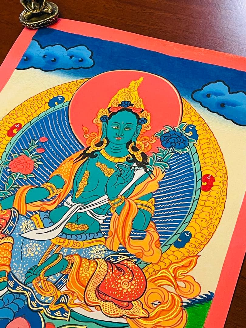 手描き 肉筆画 グリーンターラー 緑多羅菩薩 タンカ 曼荼羅 38 × 26