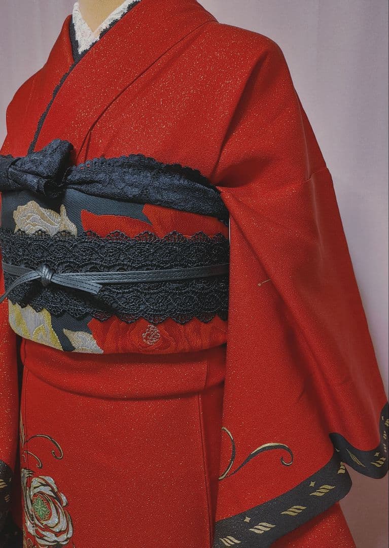 あらん　振袖　袋帯　帯揚げ　帯締め　セット　薔薇　赤　金通し