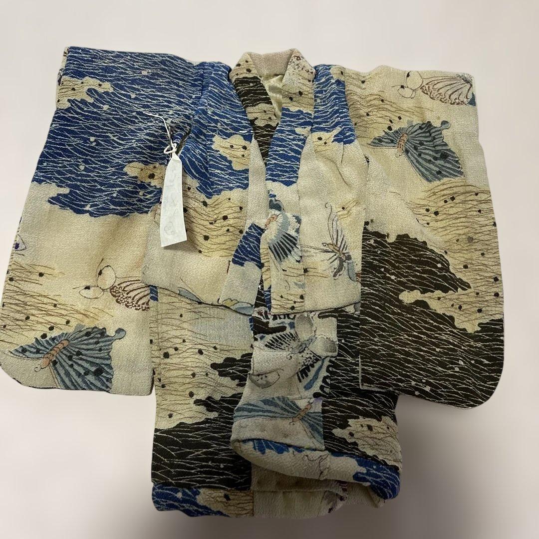 古布　江戸縮緬　人形の着物　六号　102702 青い蝶々