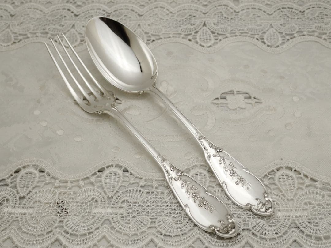 フランス アールヌーボー期 純銀無垢 スプーン&フォークセット ⑥ 小傷あり