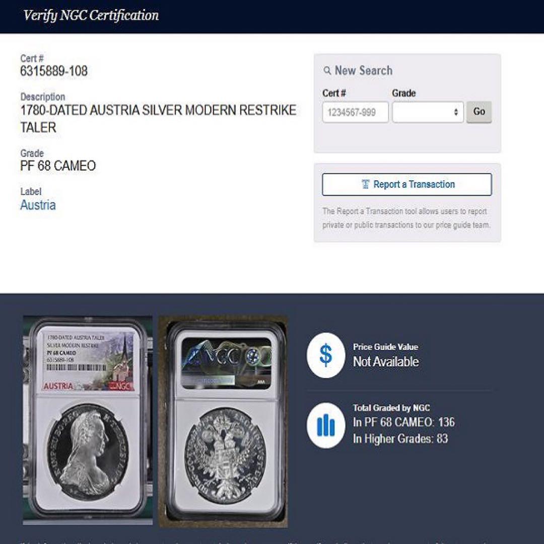1780年 オーストリア 銀貨 NGC PF68アンティーク モダン 
