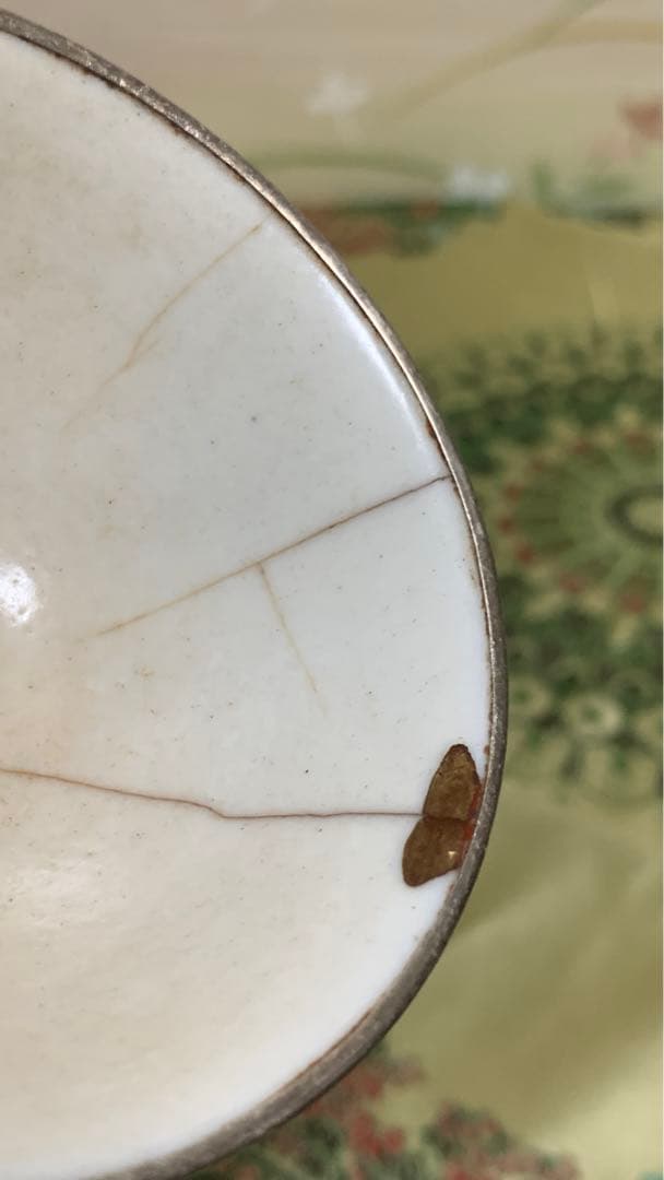 古渡　銀履輪　ビンテージ　中国明朝？薄手白地紅緑彩　猪口　茶杯　茶碗　湯呑