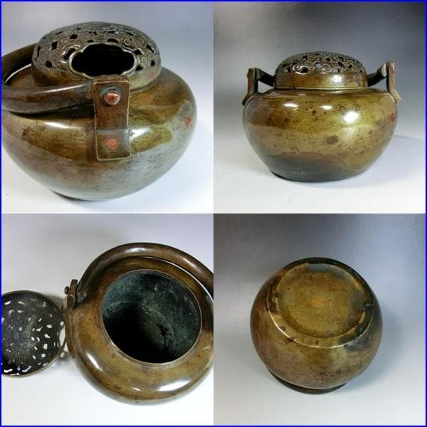 手炉■古銅 鶴透かし火屋 手焙り 中国古玩 香炉 時代物 骨董■
