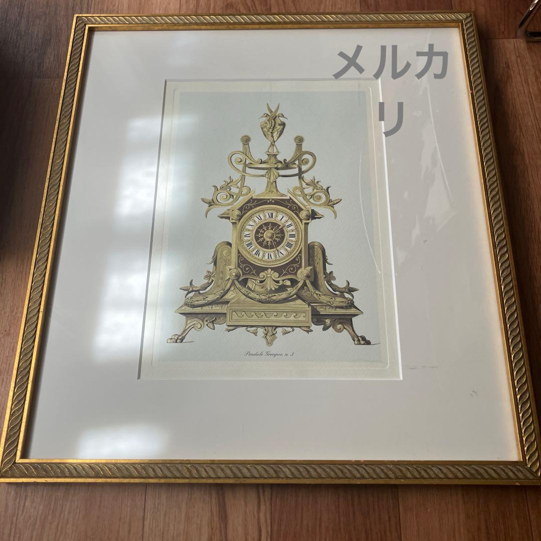 アンティーク振り子時計　リトグラフ　大きな額