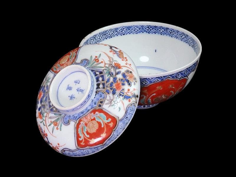 古伊万里　金襴手　四君子に兎の図　大振蓋茶碗　D837AS-CXb