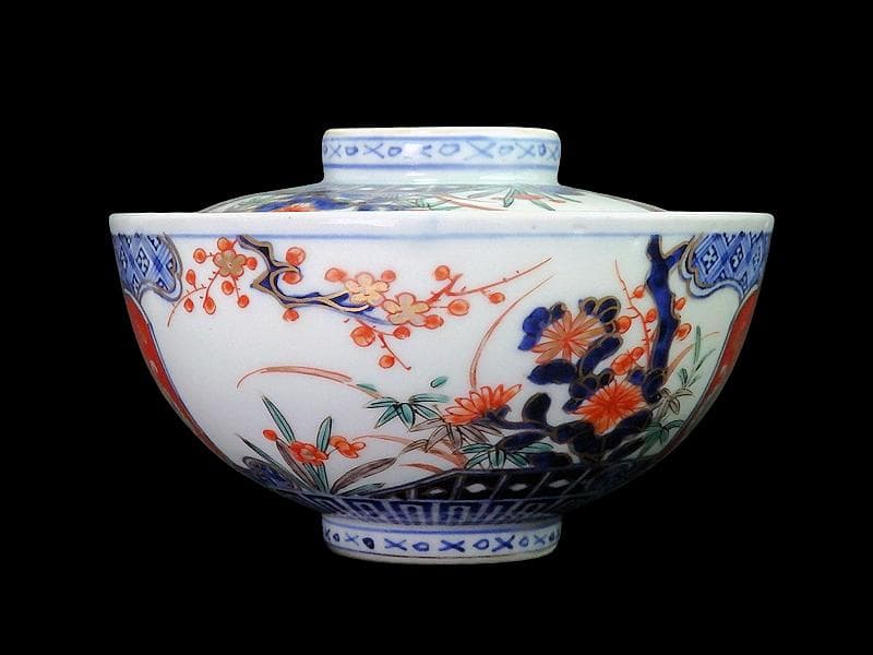 古伊万里　金襴手　四君子に兎の図　大振蓋茶碗　D837AS-CXb