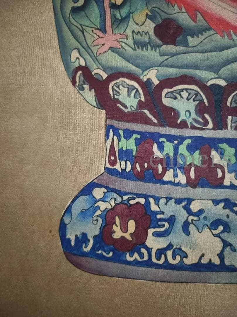 中国古美術 近代 絹本手描き 郎世寧 博古瓶図 三尺 掛軸 水彩画 肉筆 古玩