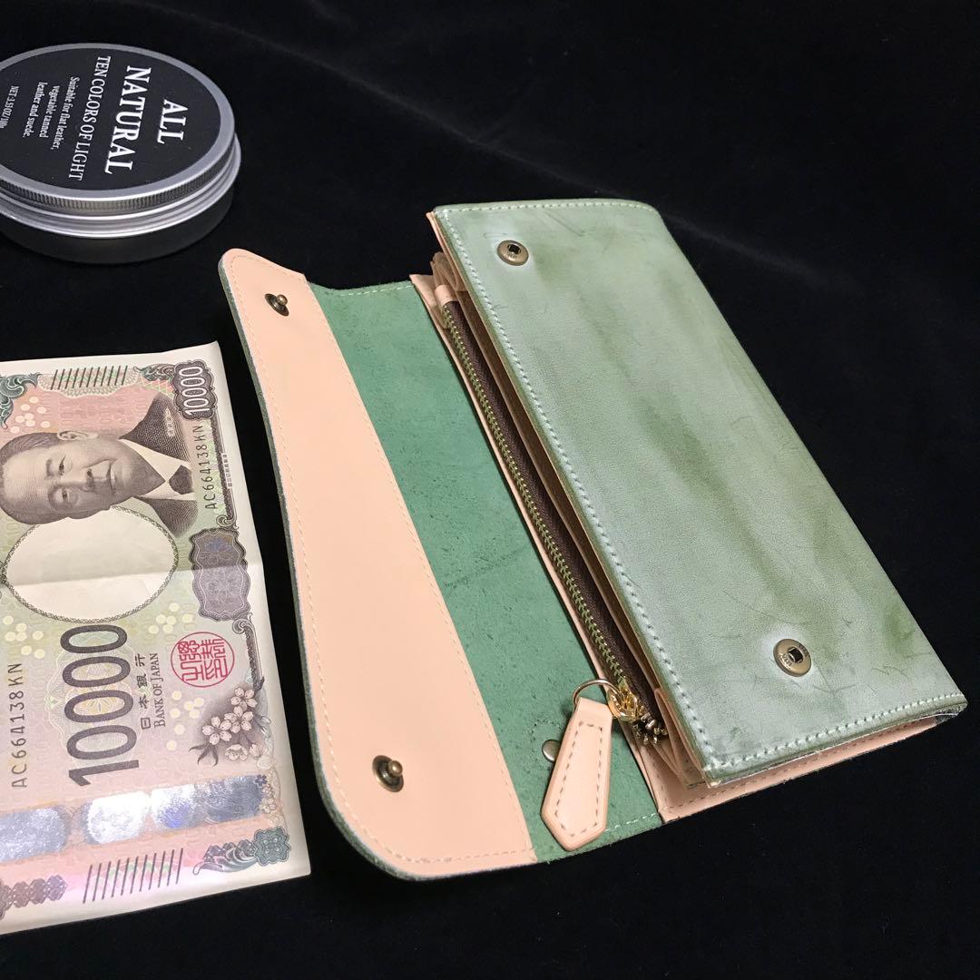 ハ*ラ様 緑長財布 本革 ブライドルレザー メンズ ヌメ革　ロングウォレット　レ