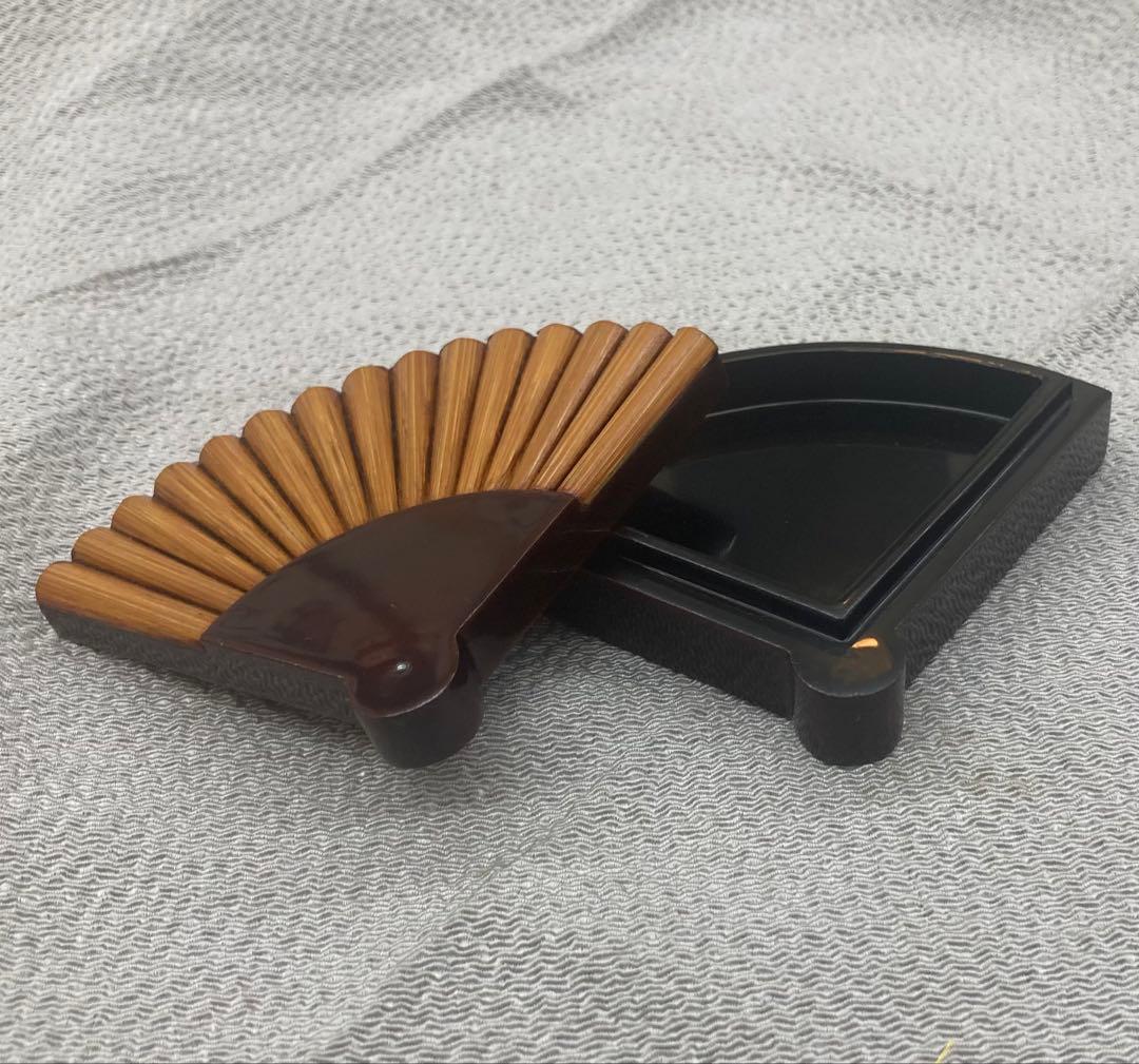 B435b「而妙斎好 竹張扇面香合」鈴木光入作　共箱　平安　香道具　茶道具