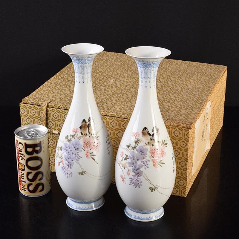 中国　中国景徳鎮製款　薄胎　粉彩　漢詩花鳥文瓶　一對　D　R7797B