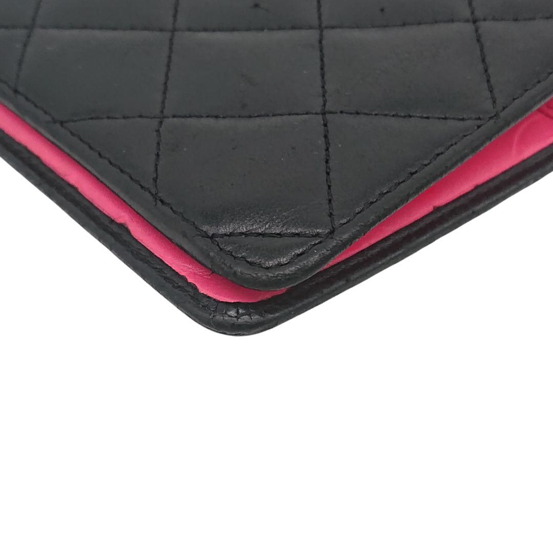 シャネル　カンボンライン　長財布　ブラックｘブラックｘピンク　レザー