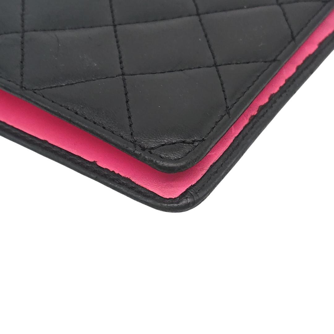 シャネル　カンボンライン　長財布　ブラックｘブラックｘピンク　レザー