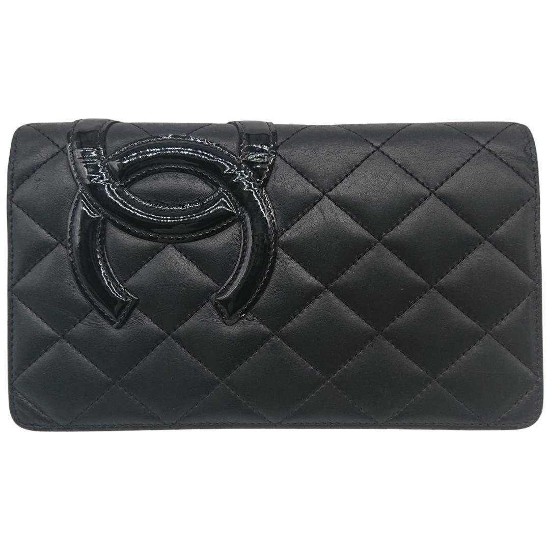 シャネル　カンボンライン　長財布　ブラックｘブラックｘピンク　レザー