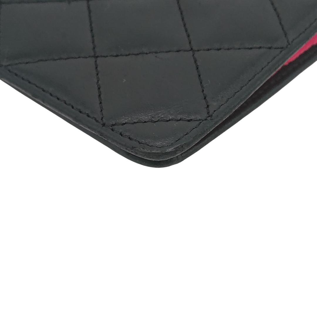 シャネル　カンボンライン　長財布　ブラックｘブラックｘピンク　レザー