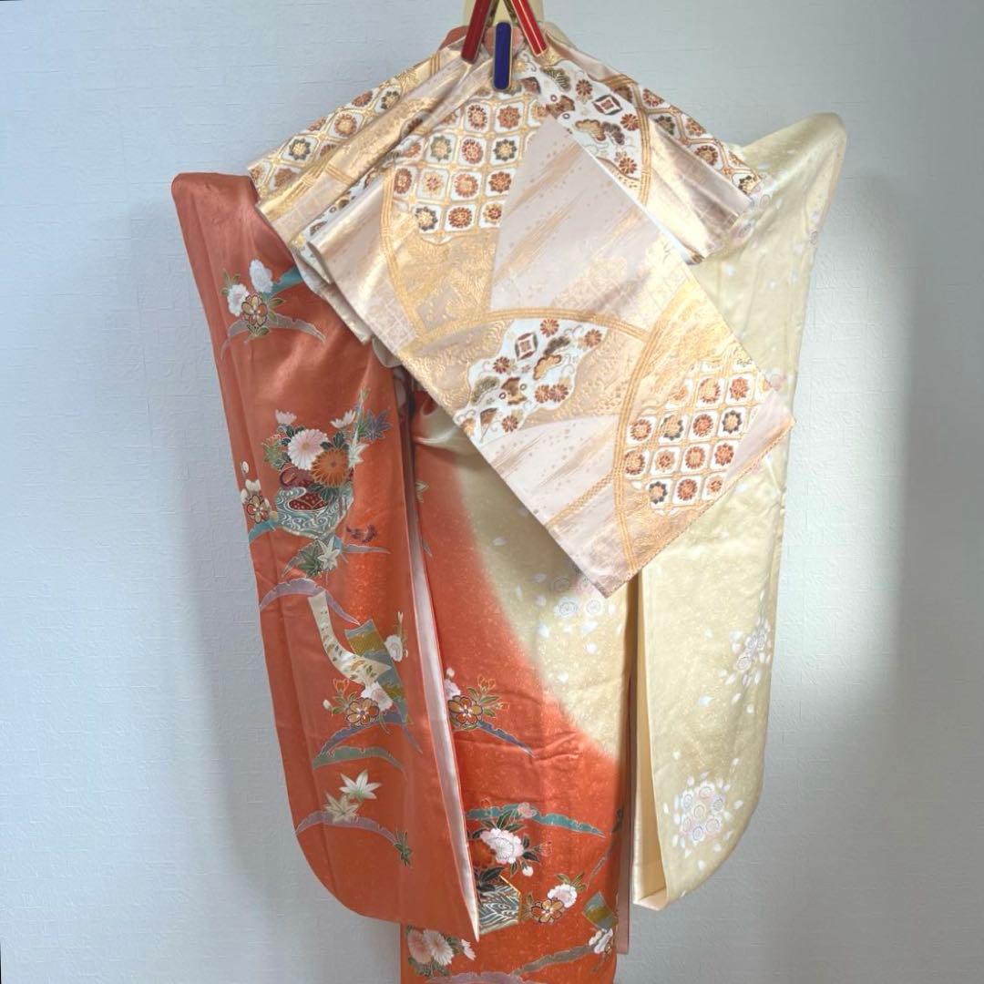 486 振袖フルセット 正絹 渋桃 クリーム 金彩 駒刺繍 暈し染め 長身さん