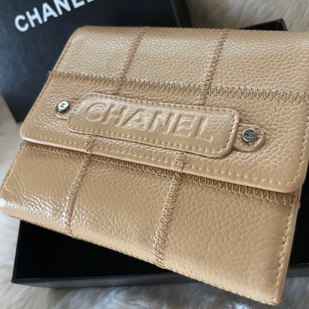 美品 CHANEL シャネル キャビアスキン 財布 ベージュ 正規