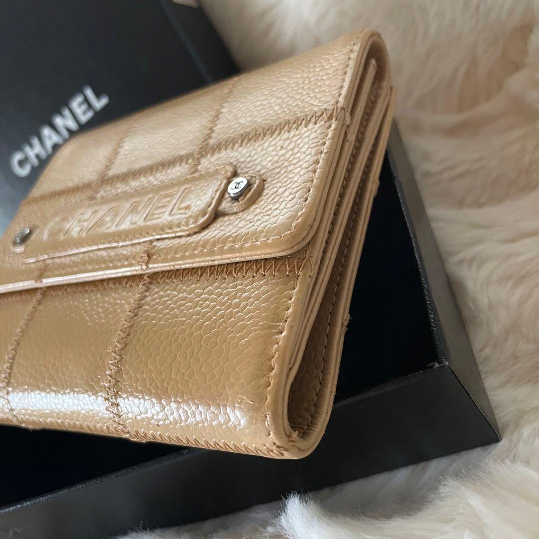 美品 CHANEL シャネル キャビアスキン 財布 ベージュ 正規
