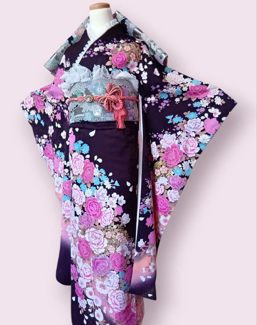 成人式当日お祝いSALE　振袖フルセット　ラインストーン　濃紫　帯揚げ2枚付