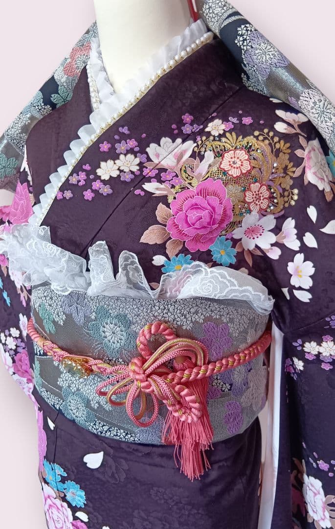 成人式当日お祝いSALE　振袖フルセット　ラインストーン　濃紫　帯揚げ2枚付