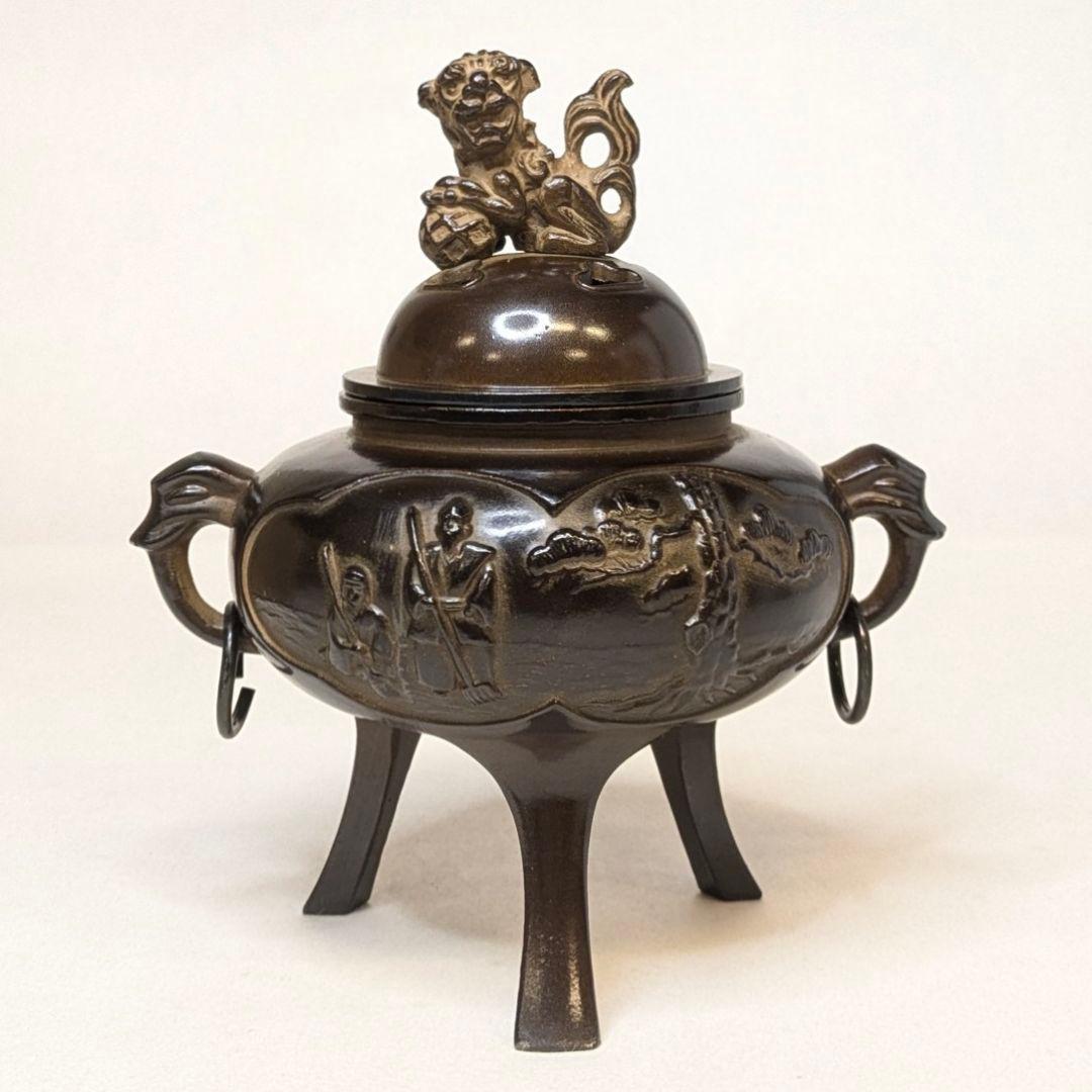 【フォロー割・新品】 香炉 高岡銅器 桐箱付 三足香炉 茶道具 獅子彫刻付き