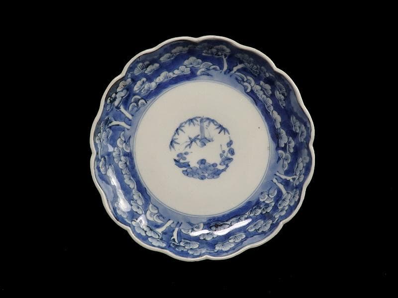 古伊万里　染付　松林に松竹梅の図　６寸半皿　C743AS-BQy