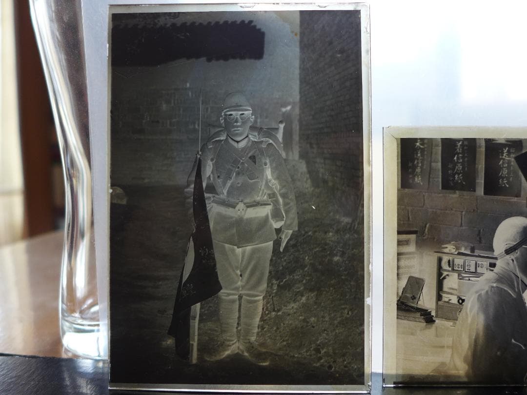 珍品　時代物　戦前　上海事変頃？陸軍　新野部隊通信員？　ガラス乾板3点　ネガ