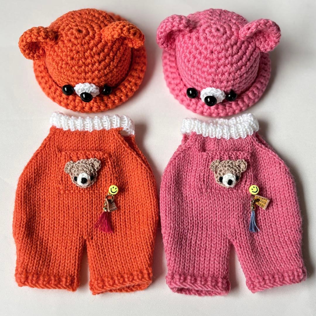 baramon　くまさん帽子とオーバーオール　ピンクとオレンジ二着セット