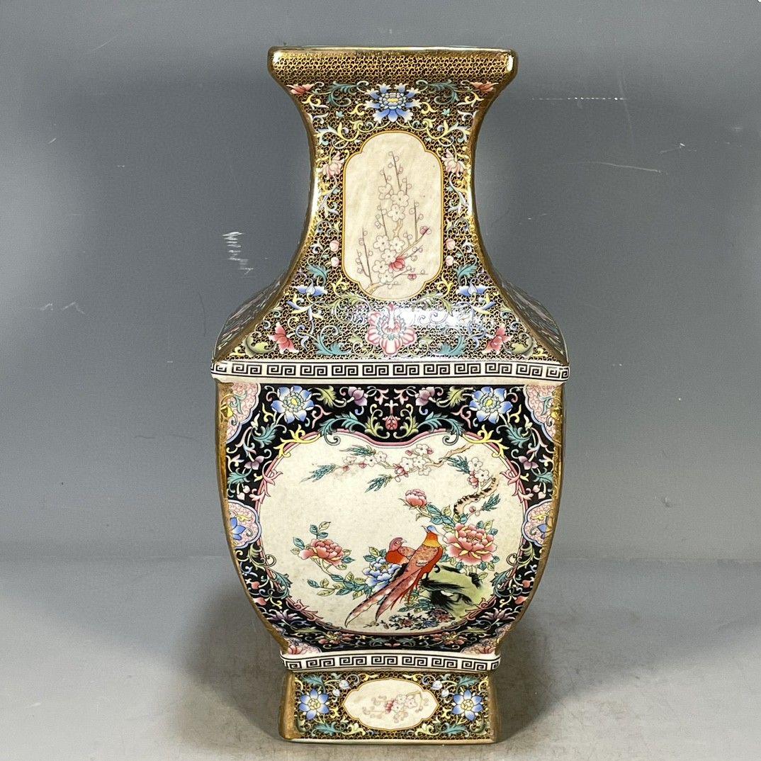 清乾隆琺瑯彩花鳥図紋四方賞瓶 景徳鎮 陶磁器 装飾品 工芸品 美術品 置物