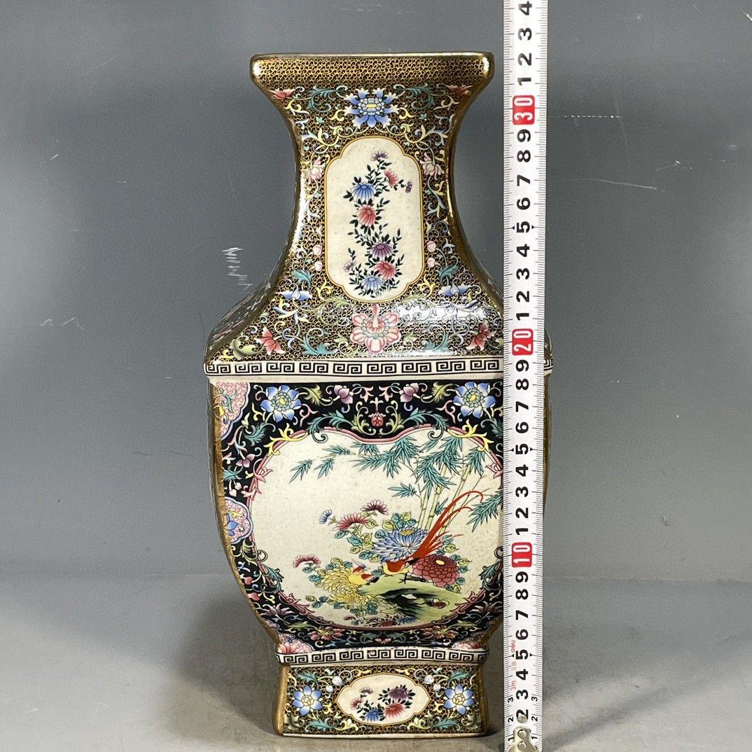 清乾隆琺瑯彩花鳥図紋四方賞瓶 景徳鎮 陶磁器 装飾品 工芸品 美術品 置物