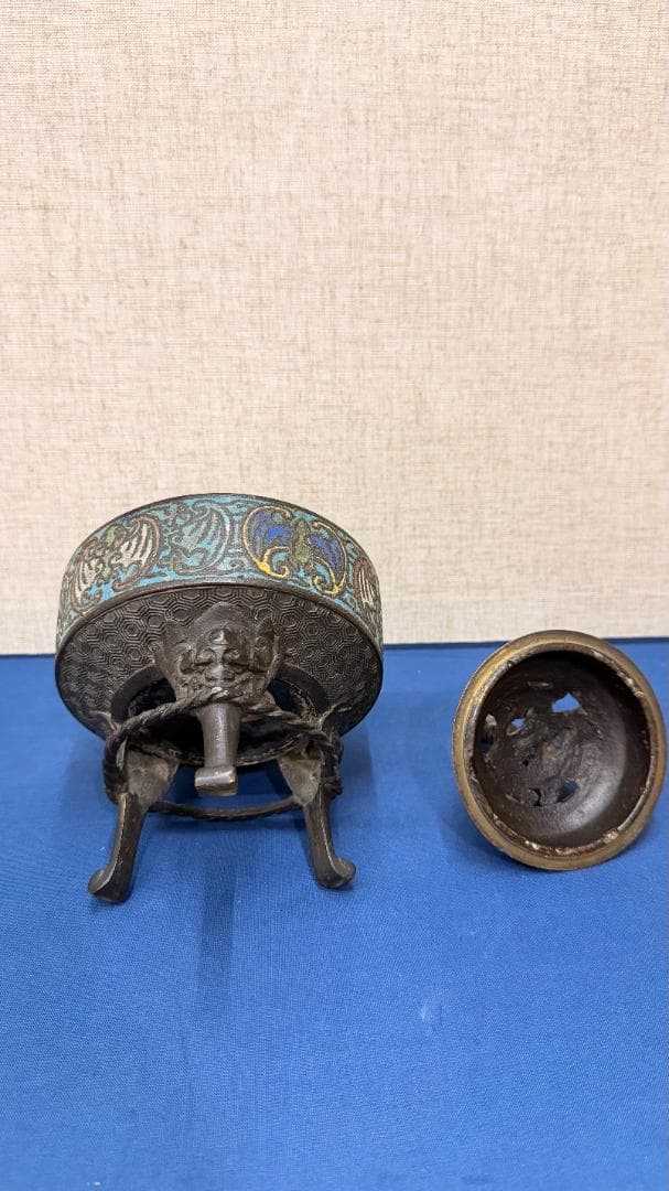 極上装飾】景泰藍（七宝）獅子蓋香炉｜古銅＋七宝細工｜幅13×高さ21cm