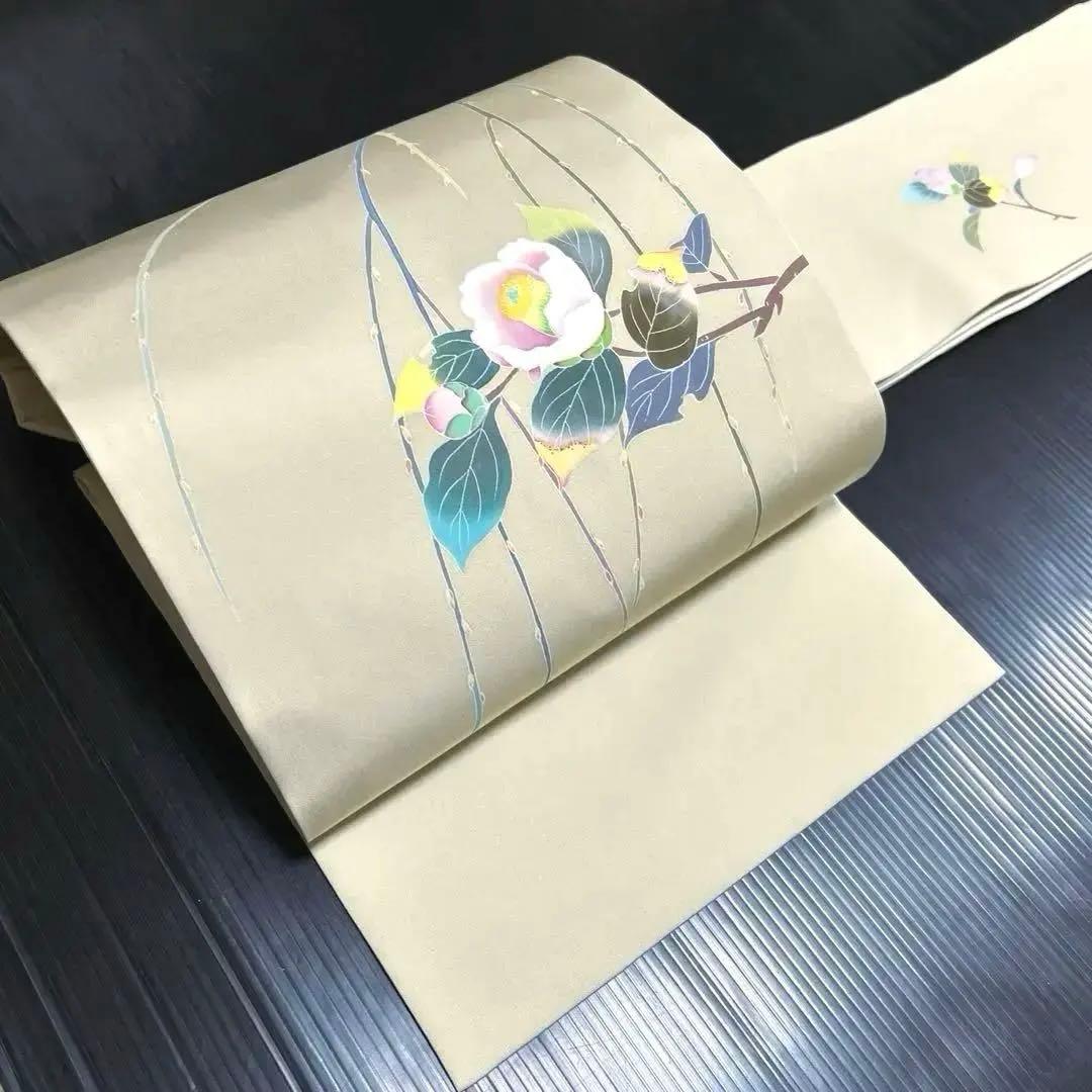 正絹　作家落款あり　名古屋帯【塩瀬　友禅染】《椿　ねこやなぎ》